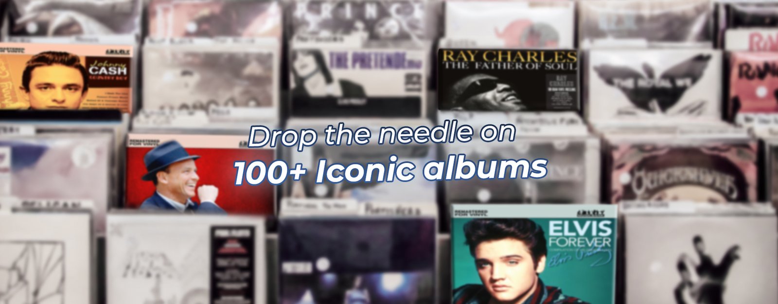 Hero banner featuring a collage of classic vinyl records with artists like Elvis Presley, Ray Charles, Frank Sinatra, and Johnny Cash, with overlay text Drop the needle on 100+ Iconic albums promoting vinyl record collections.