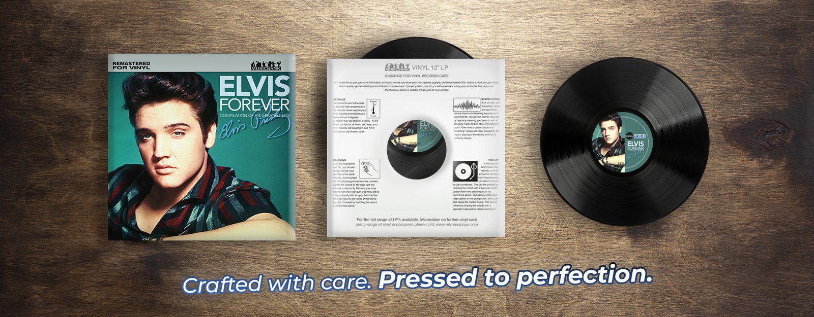 Elvis Forever” vinyl record set, including the album cover, vinyl care guide insert, and black 12-inch record on a wooden surface with text Crafted with care. Pressed to perfection.
