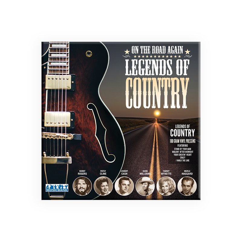 Legends of Country vinyl with Johnny Cash, Patsy Cline, and others. Guitar and road artwork. 180g pressing by MusicBank.