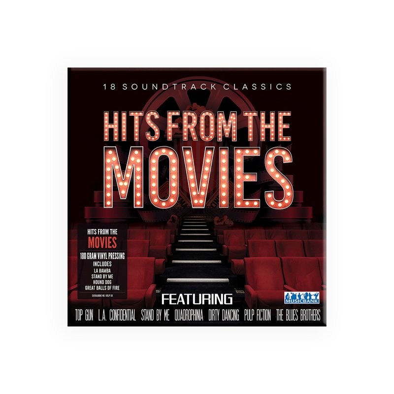 Hits From The Movies vinyl album cover featuring red theater seats and marquee-style lettering with 18 classic movie soundtracks.