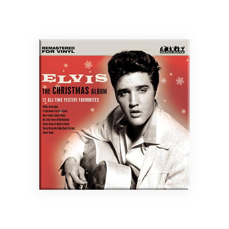 Elvis Presley The Christmas Album vinyl cover with festive red background and snowflakes, featuring 12 holiday classics.
