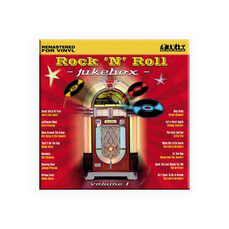 Rock 'N' Roll Jukebox Volume 1 vinyl cover featuring classic hits and a retro jukebox design with spinning records.