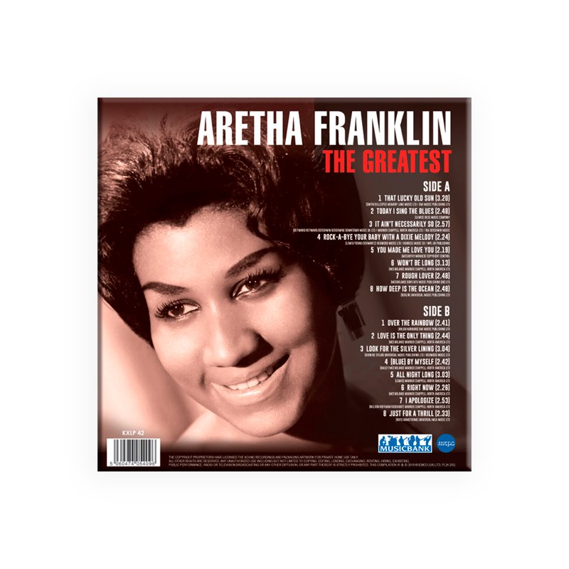 Aretha Franklin vinyl record titled The Greatest featuring a smiling portrait and tracklist of soul classics like Respect and I Say a Little Prayer.