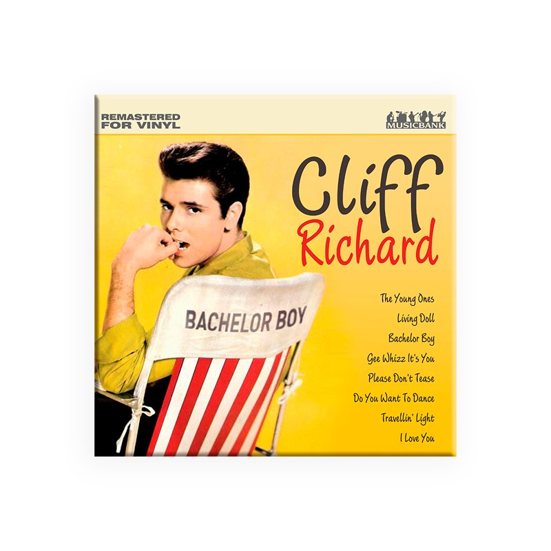 Cliff Richard vinyl album featuring hits like Bachelor Boy and The Young Ones, with a retro-style chair and yellow background.