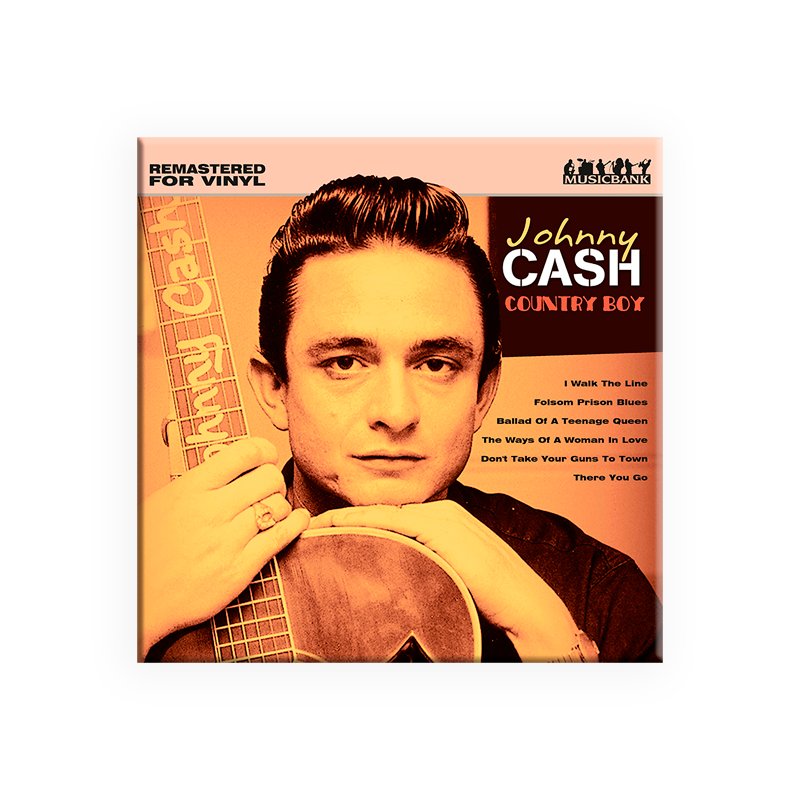 Johnny Cash vinyl album titled Country Boy featuring hits like I Walk the Line and Folsom Prison Blues with sepia-toned cover art.