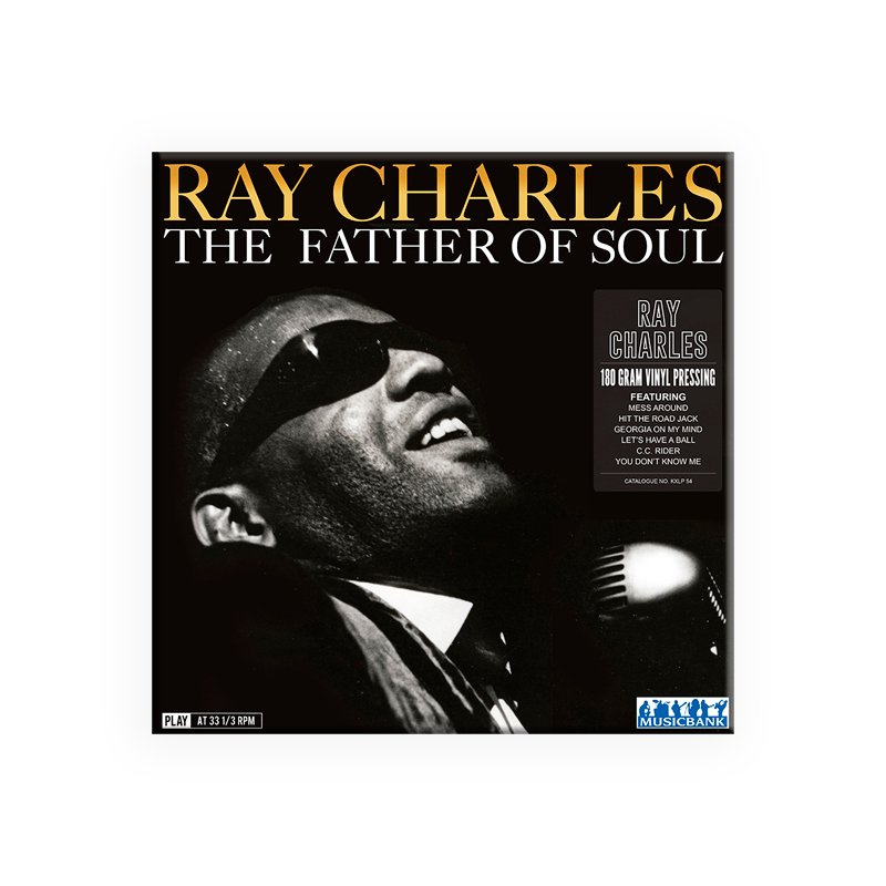 Ray Charles vinyl album titled The Father of Soul,featuring iconic tracks like Georgia on My Mind and Hit the Road Jack.