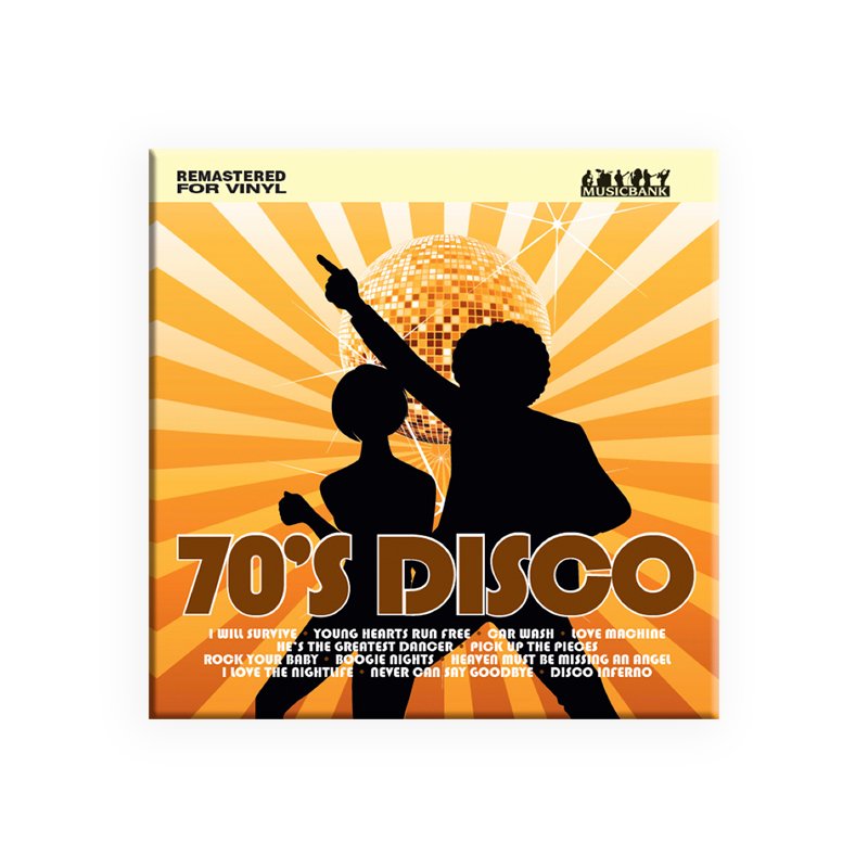 70’s Disco vinyl record album featuring classic disco hits, remastered for vinyl with a retro dance silhouette and disco ball design.